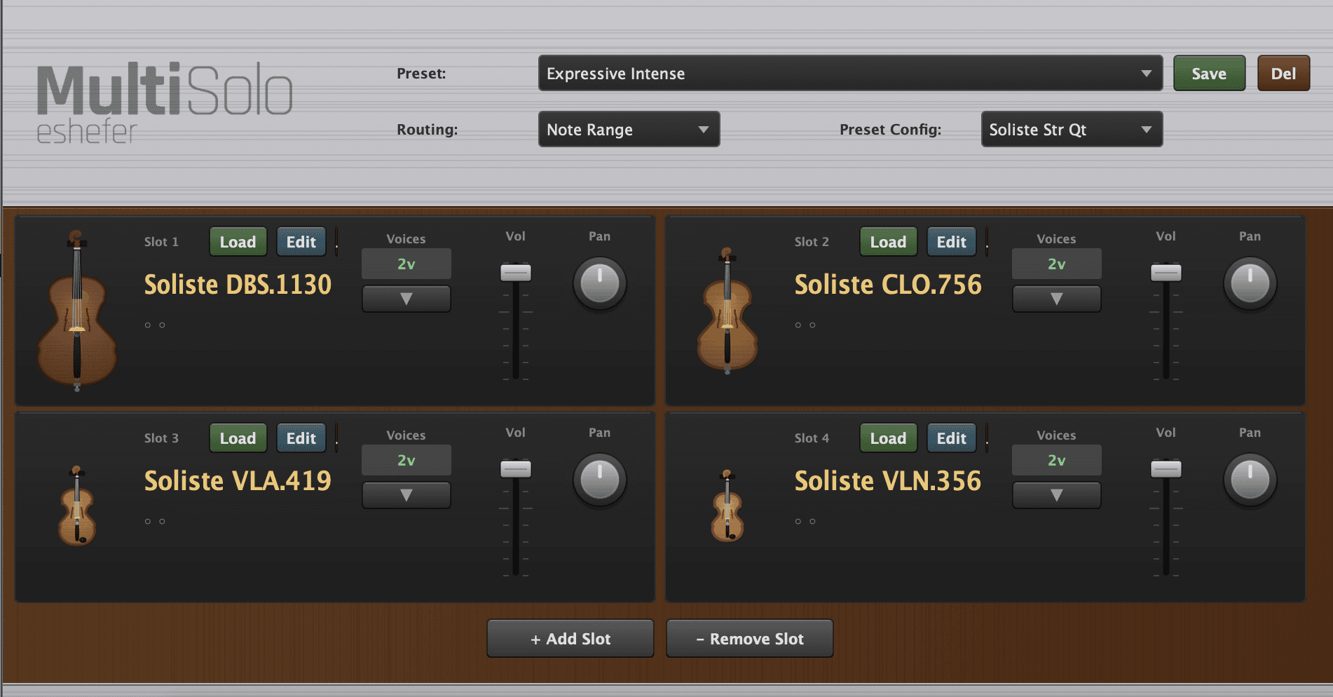 MultiSolo running the Soliste String Quartet preset — four instrument slots with double bass, cello, viola, and violin